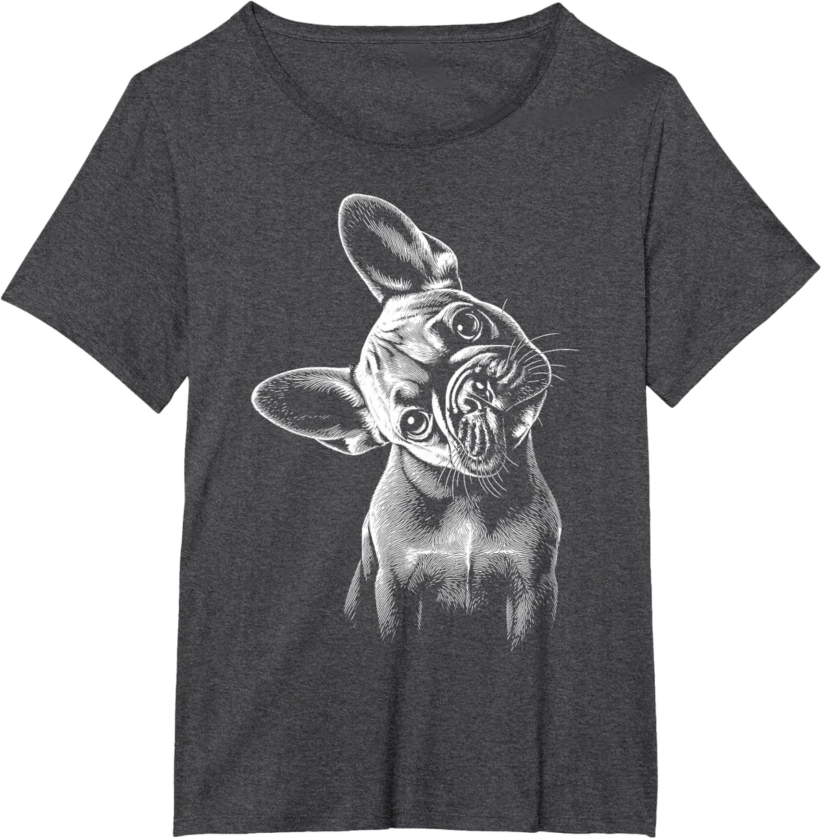 French Bulldog Tilted Dog Vintage Line Drawing Art Style T-Shirt - Dark Heather Grey
