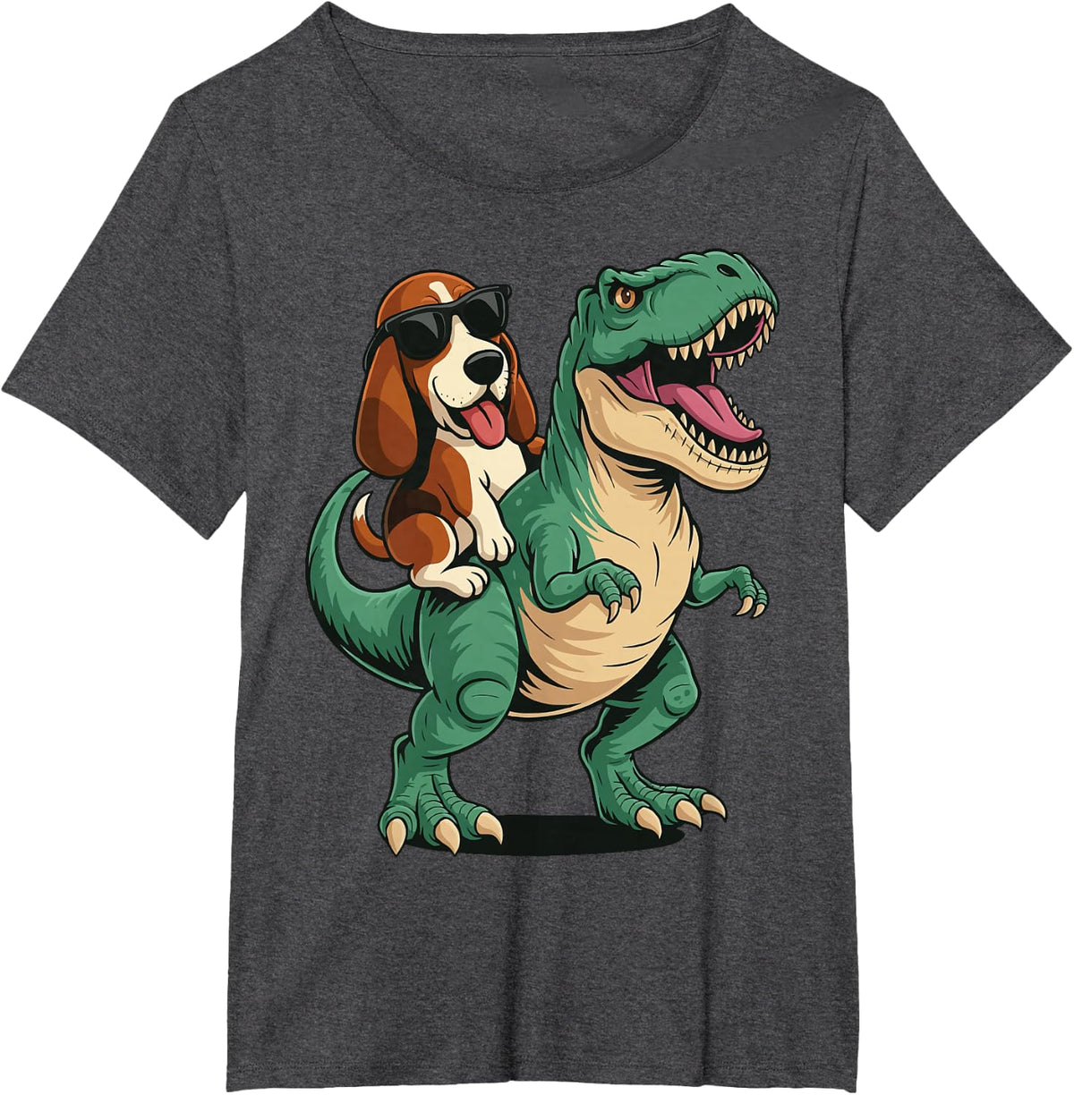 Basset Hound Riding T-Rex T-Shirt - Dark Heather Grey