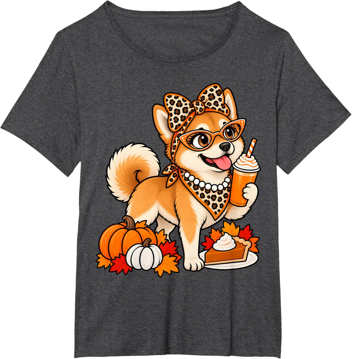 Shiba Inu Dog Bow Drinking Coffee Thanksgiving Turkey Day T-Shirt - Dark Heather Grey