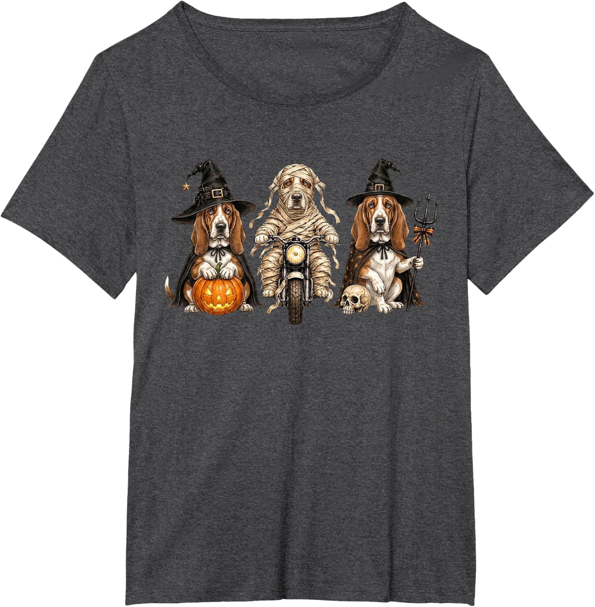 Cute Halloween Basset Hound Dog Pumpkin Ghost and Witch T-Shirt - Dark Heather Grey