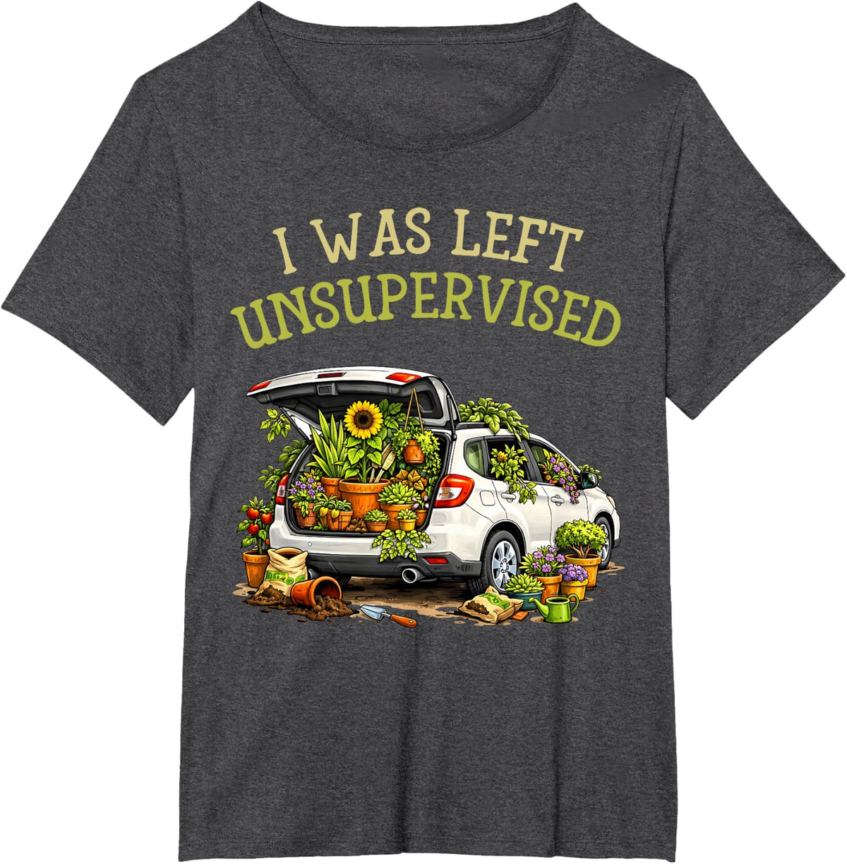 I was Left Unsupervised Funny Gardening T-Shirt Tee for Moms and Dads - Dark Heather Grey
