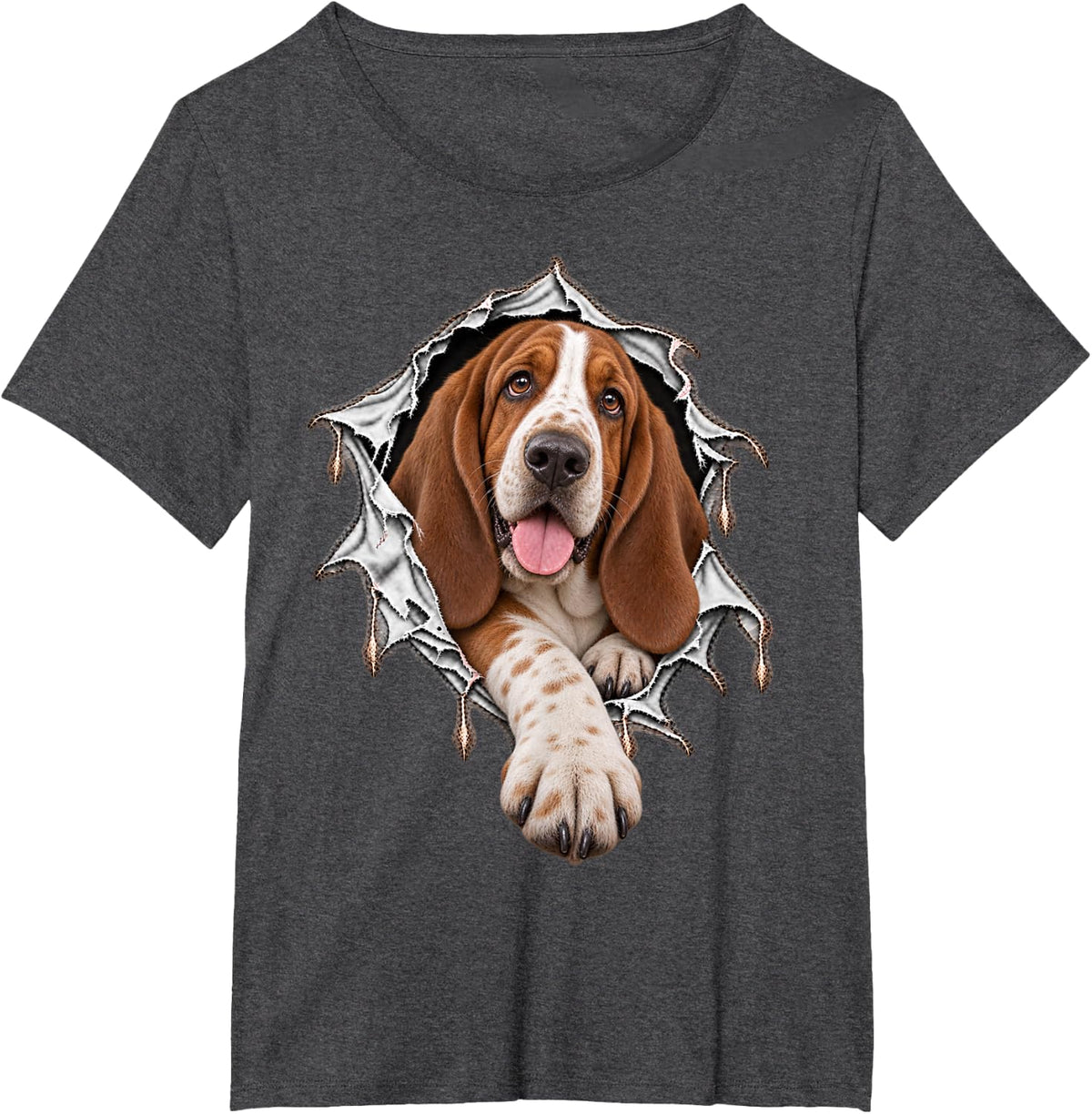 Cute Basset Hound Dog Stepping Out from Ripped Design T-Shirt - Dark Heather Grey