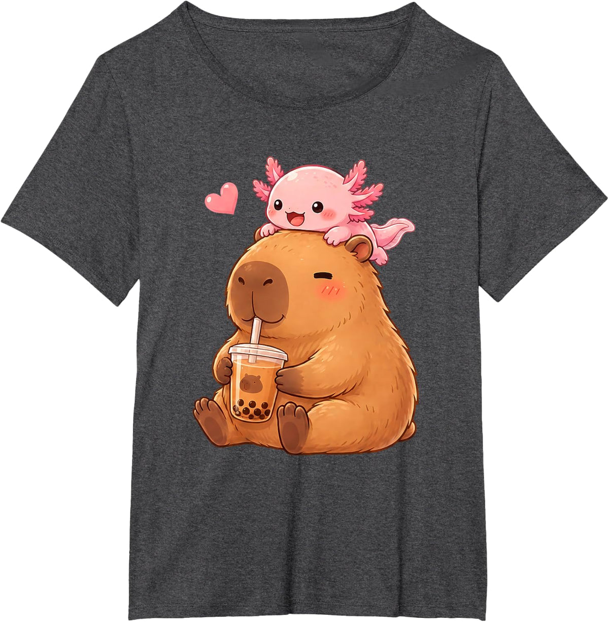 Cute Capybara and Axolotl Bubble Tea Boba Girls Japan Anime T-Shirt - Dark Heather Grey