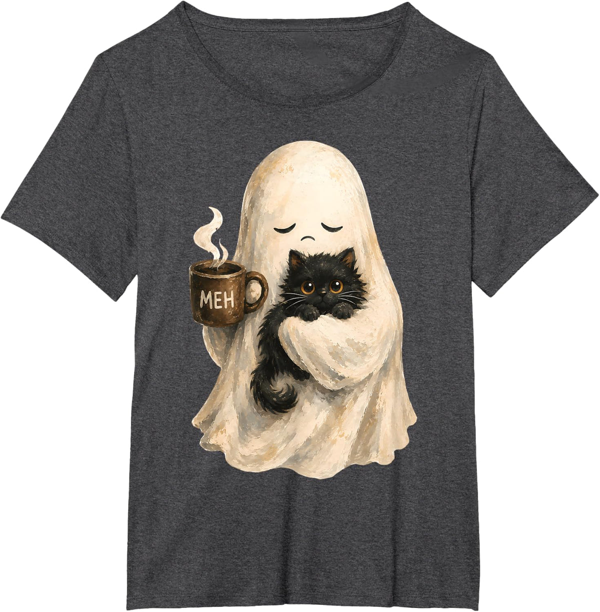 Funny Vintage Cute Ghost Black Cat Halloween Coffee Cozy T-Shirt - Dark Heather Grey