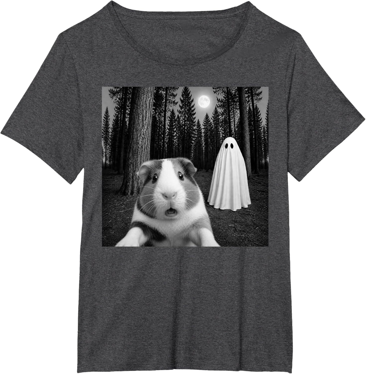 Spooky Guinea Pig Selfie with Ghost Halloween T-Shirt - Dark Heather Grey