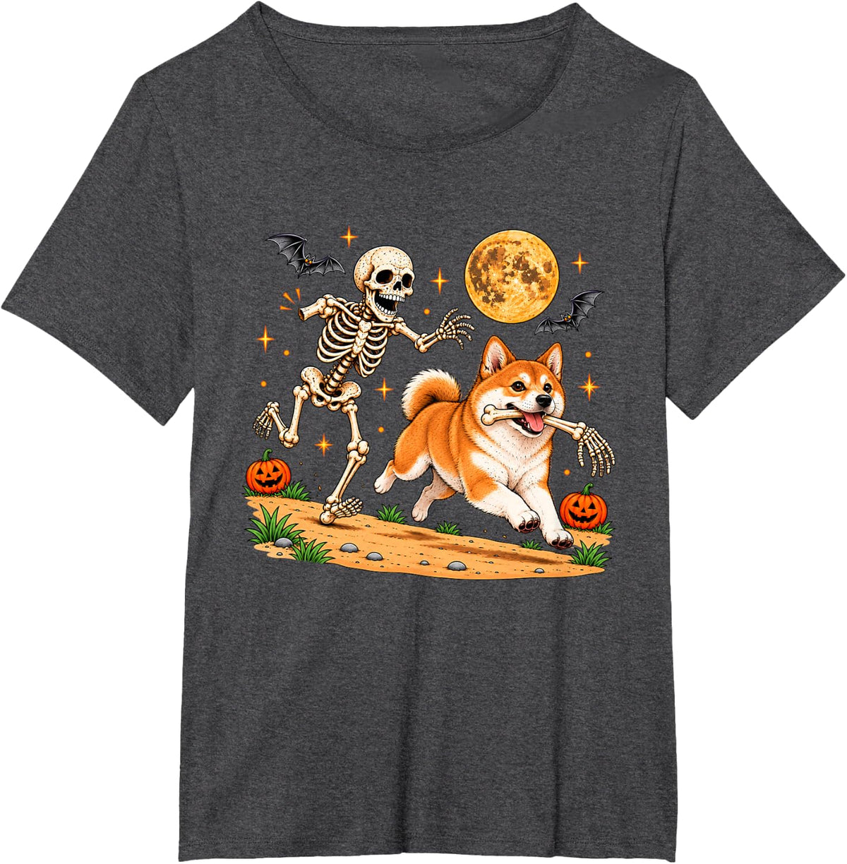 Funny Skeleton Chasing Shiba Inu Halloween Dog Mom Pet Lover T-Shirt - Dark Heather Grey