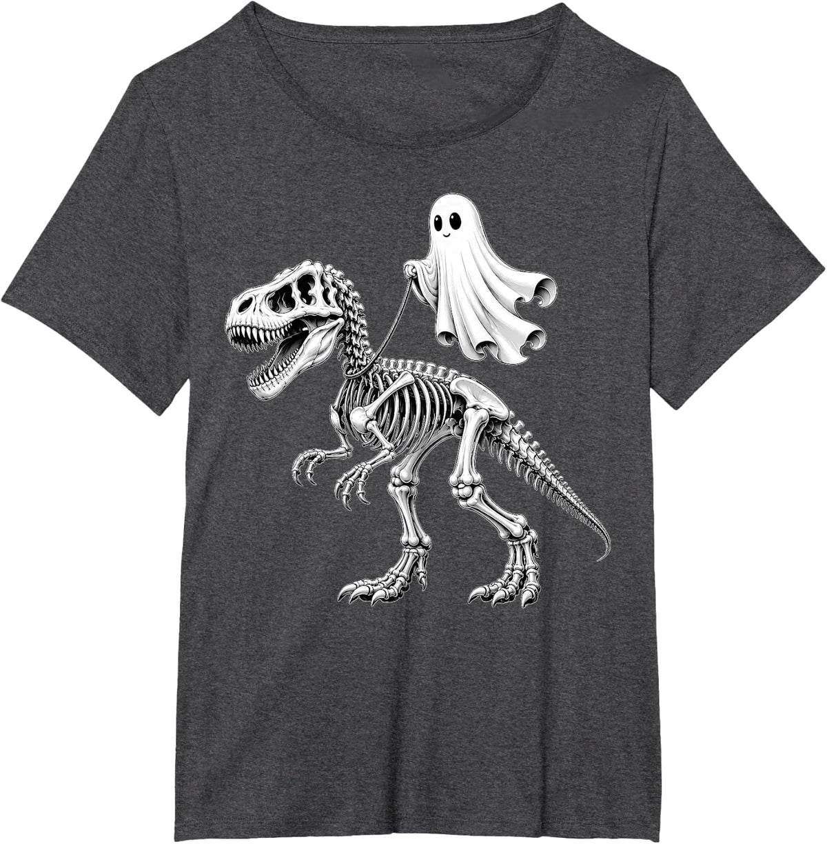 Ghost Walking T Rex Dinosaur Skeleton Halloween Boys Kids T-Shirt - Dark Heather Grey