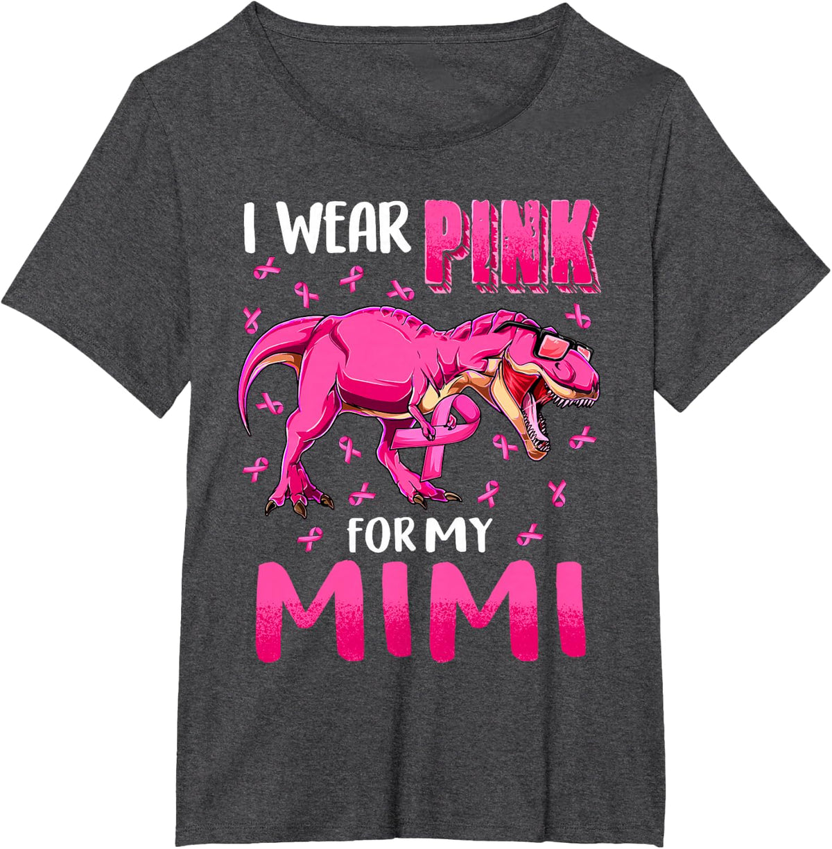 I Wear Pink For My Mimi Breast Cancer Awareness Dinosaur T-Shirt - Dark Heather Grey