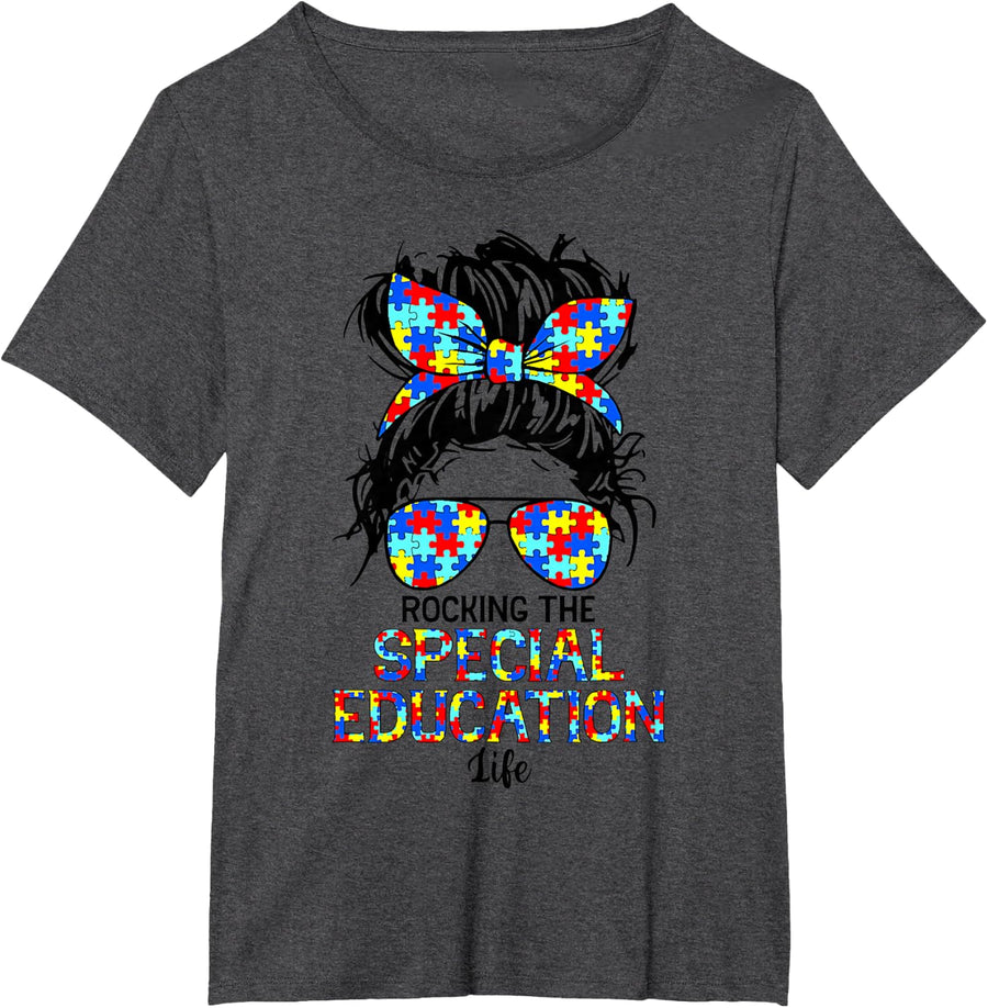 Rocking The Special Education Life Sped Teacher Tee T-Shirt Messy Hair Bun - Dark Heather Grey