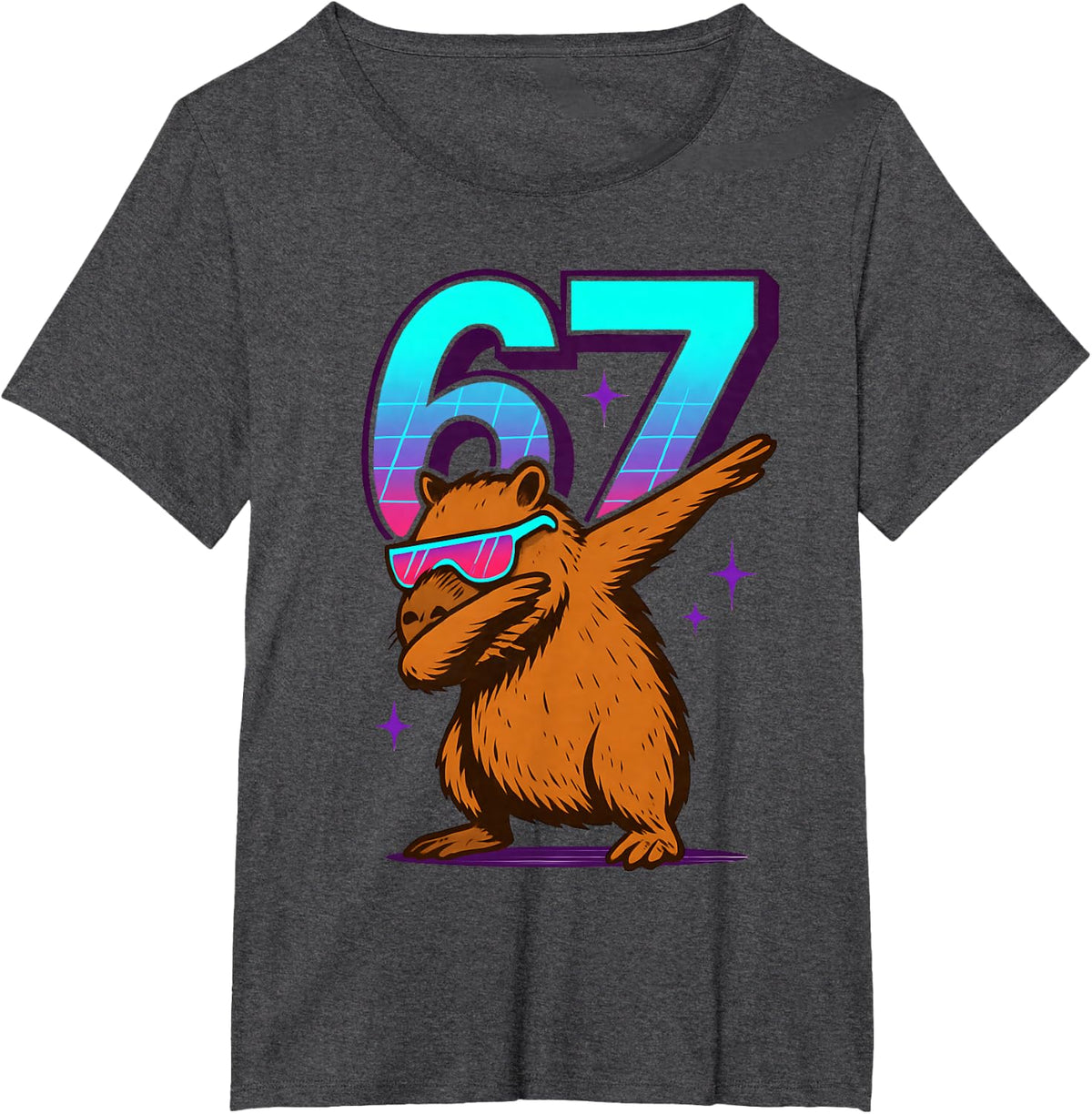 Neon Retro Dabbing Capybara 67 Meme Capy Lover Teens Kids T-Shirt - Dark Heather Grey