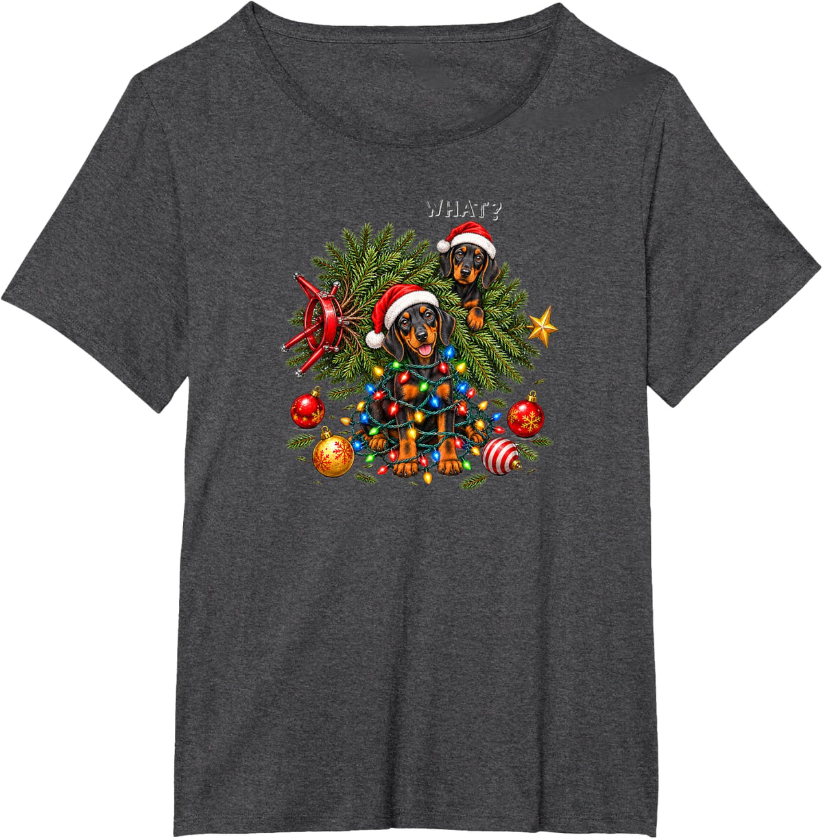Doberman Pinscher Christmas Tree Santa Hats Funny Holiday T-Shirt - Dark Heather Grey
