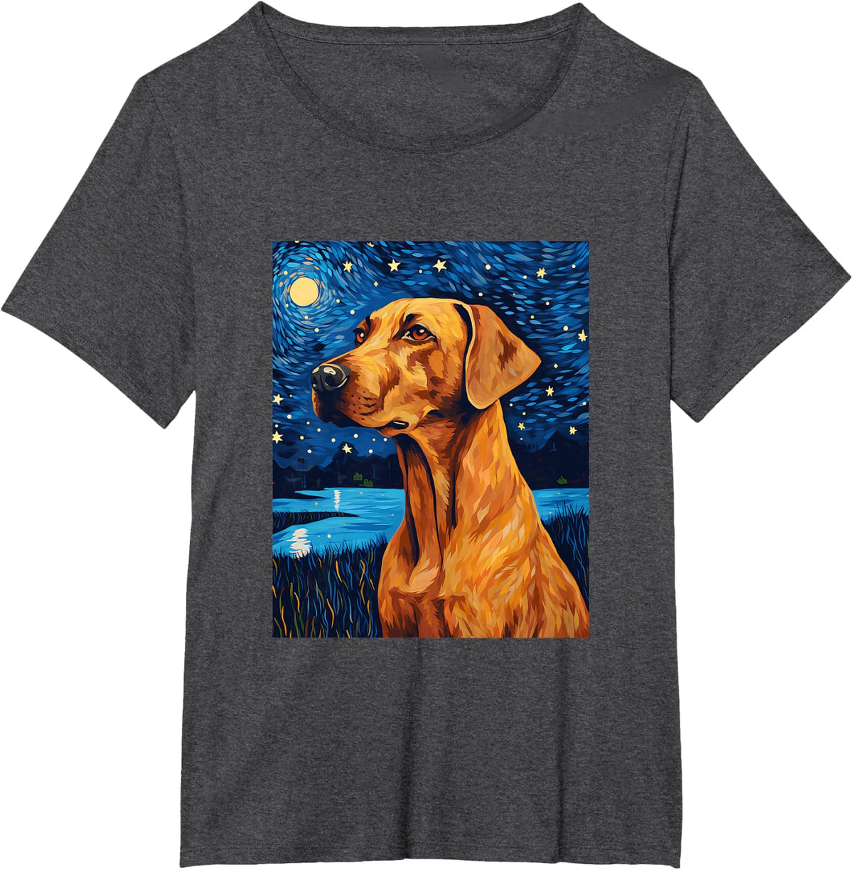 Rhodesian Ridgeback Starry Night Van Gogh T-Shirt Tee for Dog Lovers - Dark Heather Grey