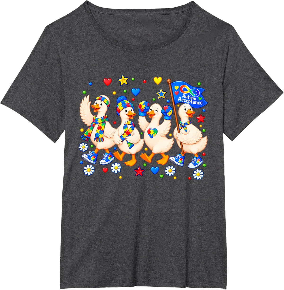 Autism Acceptance Goose Rainbow Infinity Family Support T-Shirt - Dark Heather Grey