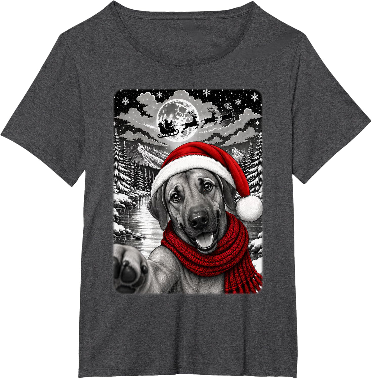 Rhodesian Ridgeback Dog Christmas Selfie Night Starry Sky T-Shirt - Dark Heather Grey