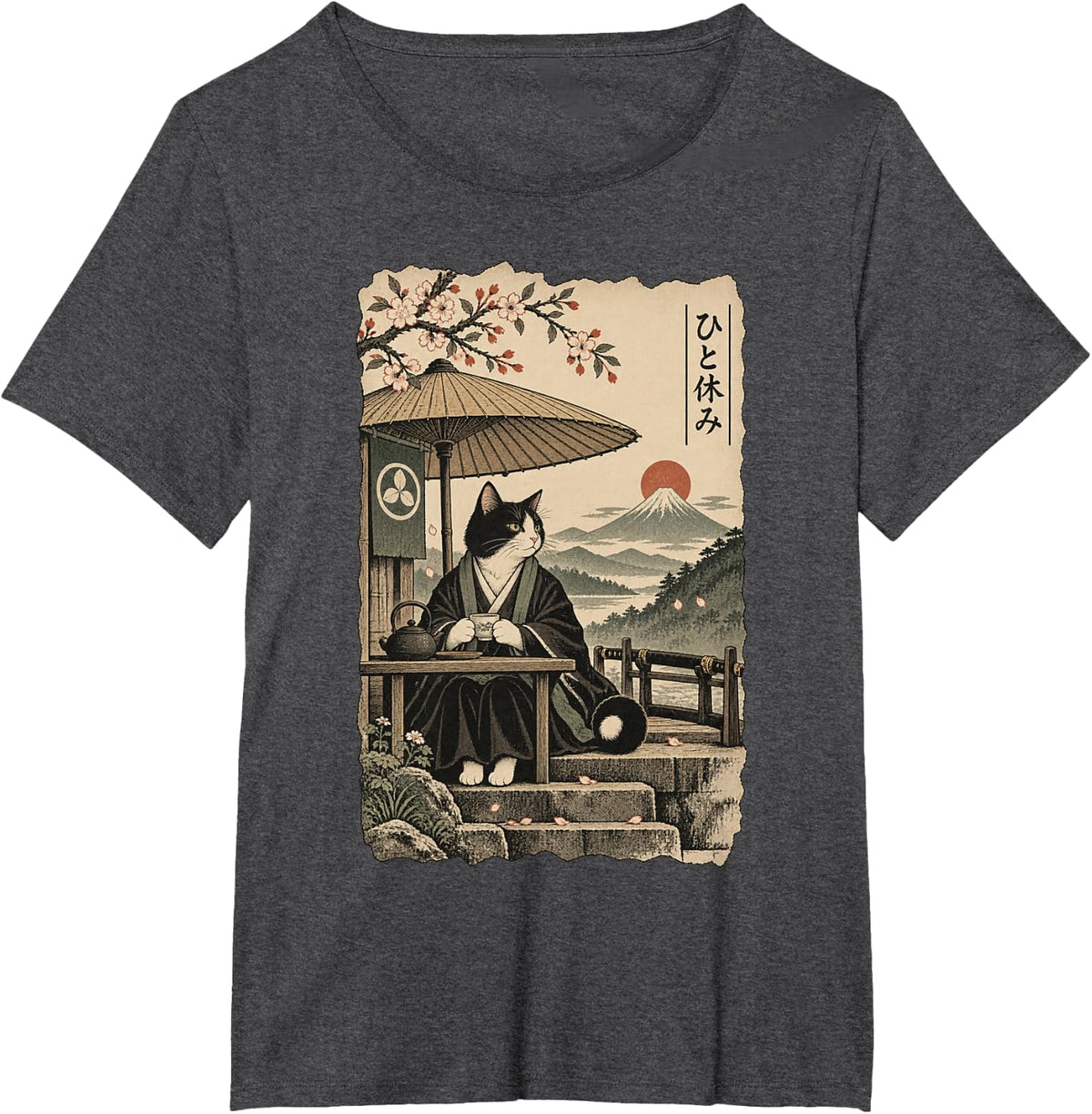 Tuxedo Samurai Cat Tea Break Japanese Mountain Art T-Shirt - Dark Heather Grey
