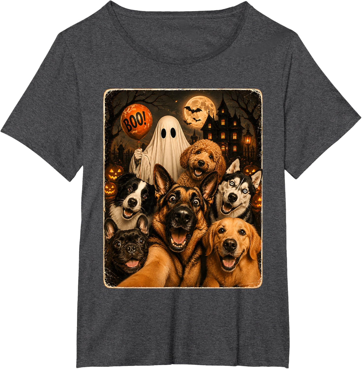 Halloween Ghost German Shepherd Selfie Boo Dog Lover T-Shirt - Dark Heather Grey