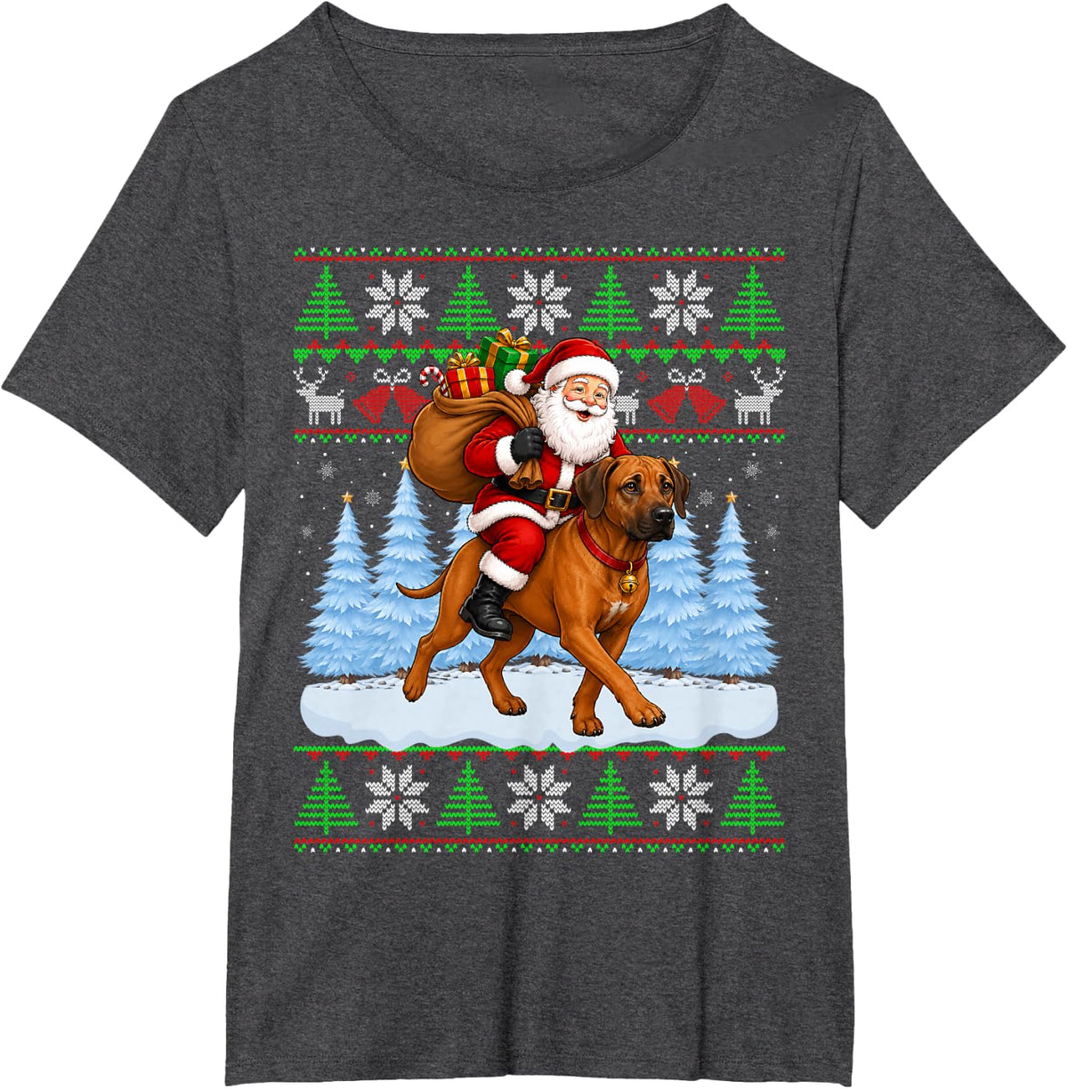Ugly Xmas Fun Santa Riding Rhodesian Ridgeback Dog Christmas T-Shirt - Dark Heather Grey
