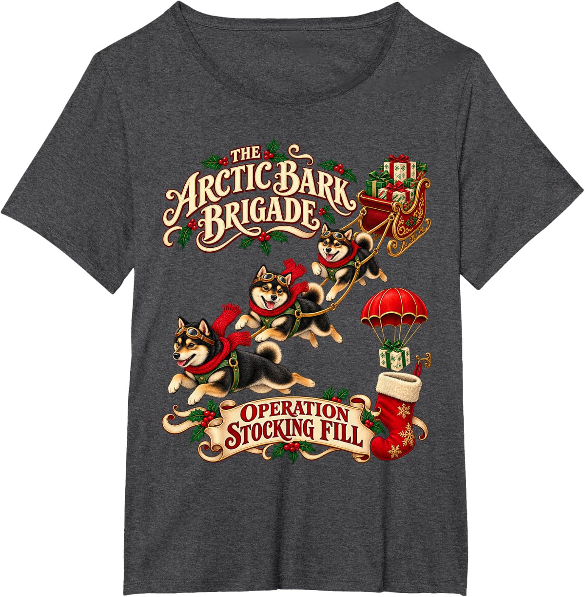 Shiba Inu Dog Cute Xmas Flying Sleigh T-Shirt - Dark Heather Grey