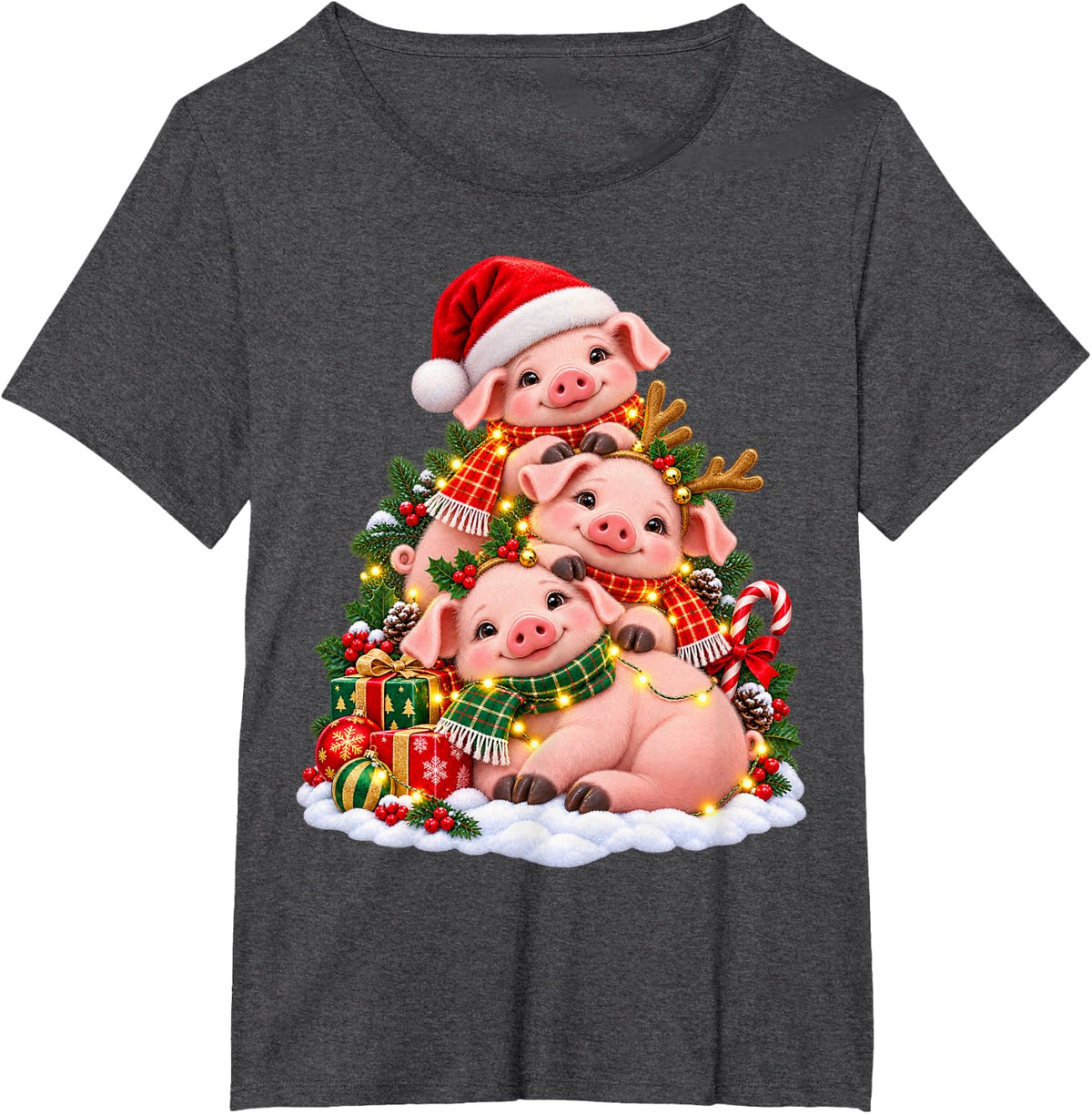 Joyful Pig Holiday Animal Lover Graphic T-Shirt - Dark Heather Grey