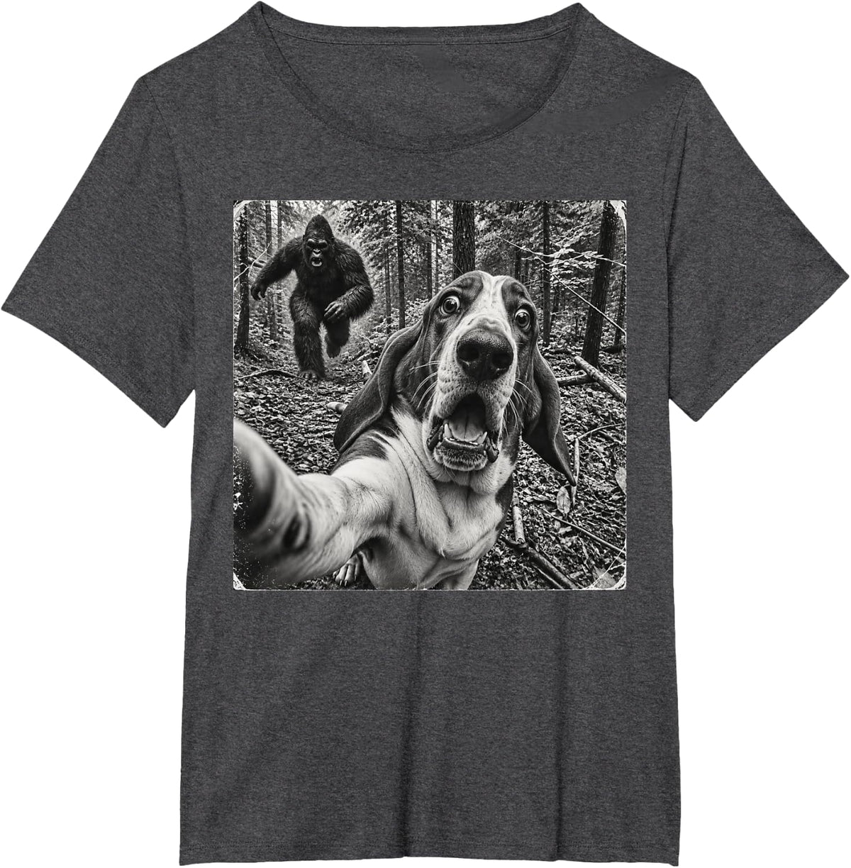 Basset Hound Selfie Running from Bigfoot Funny Forest T-Shirt - Dark Heather Grey