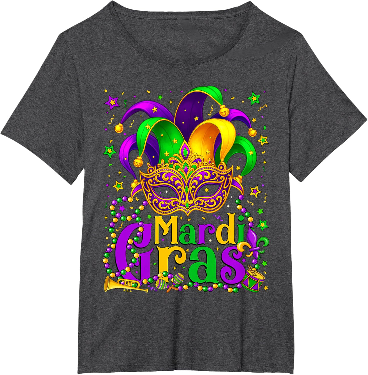 Mardi Gras Carnival Beads Mask Feathers Hat Men Women Kids T-Shirt - Dark Heather Grey