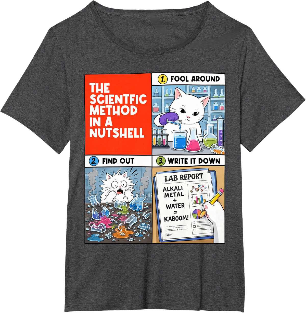 The Scientific Method in A Nutshell Science Cat Chemistry T-Shirt - Dark Heather Grey