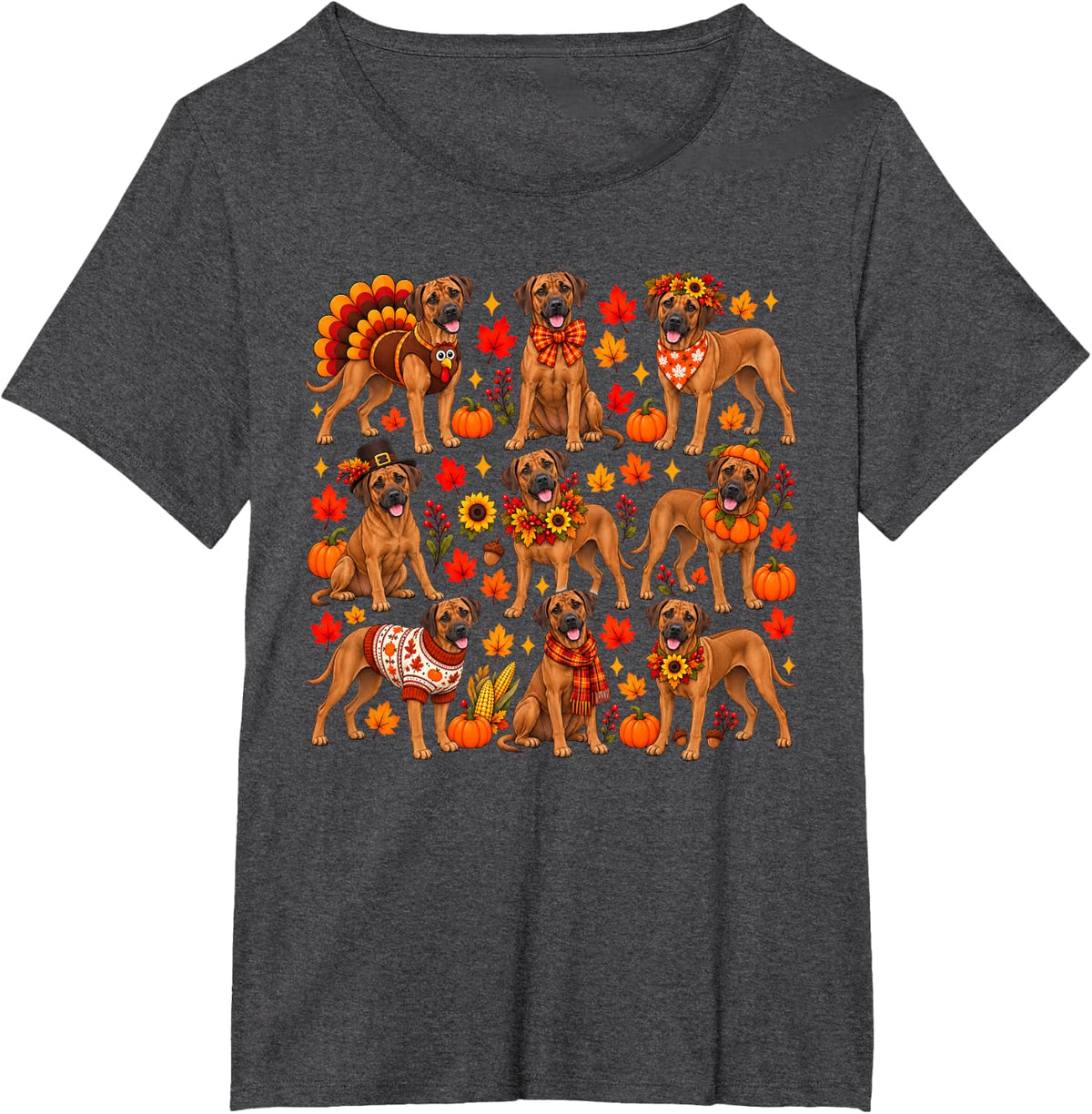Cute Rhodesian Ridgeback Dog Turkey Thanksgiving Fall Autumn T-Shirt - Dark Heather Grey