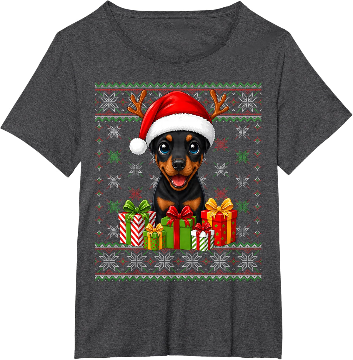 Doberman Pinscher Dog Christmas Ugly Sweaters Festive Xmas T-Shirt - Dark Heather Grey