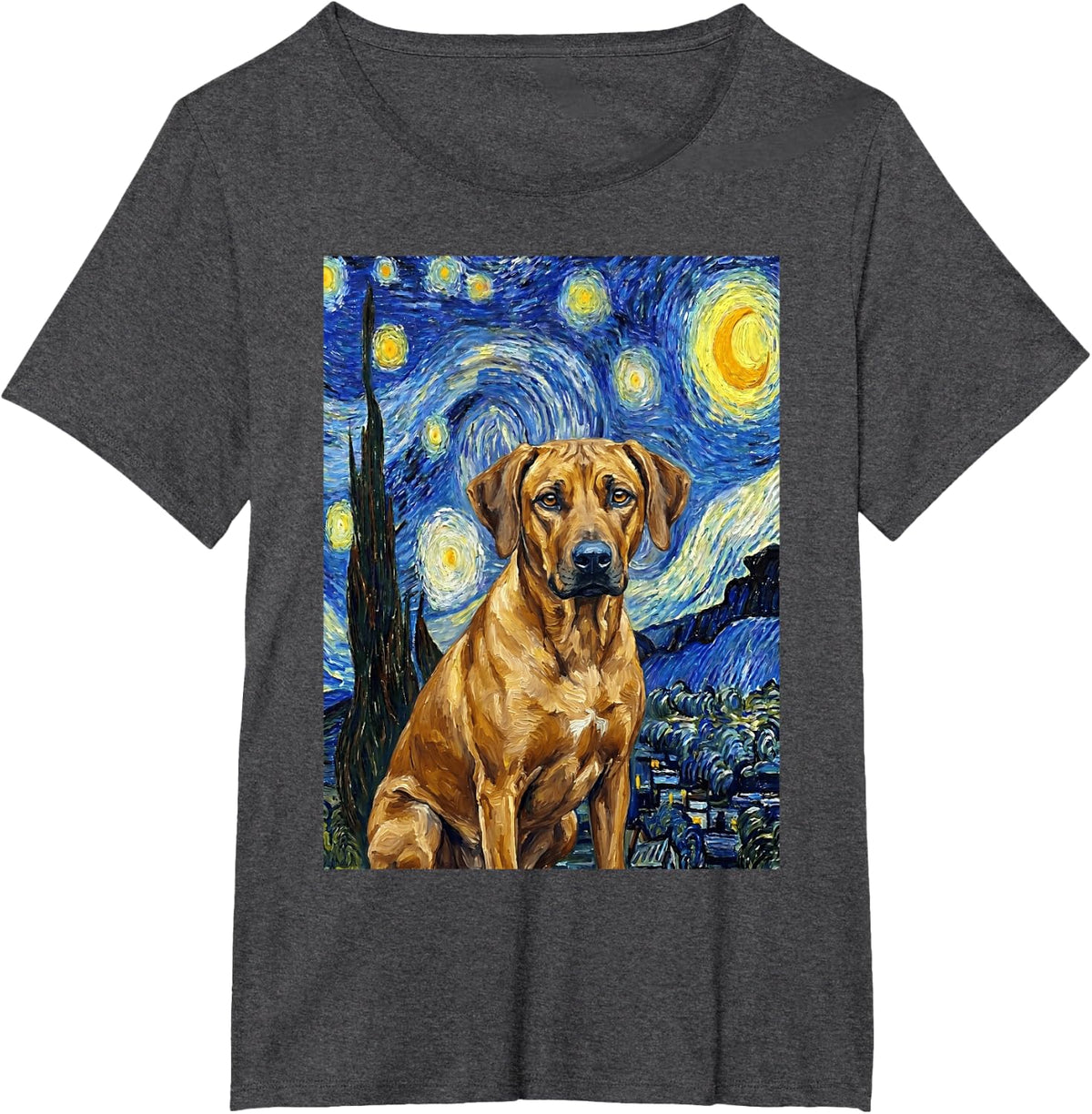 Rhodesian Ridgeback Starry Night Style Dog Art T-Shirt - Dark Heather Grey