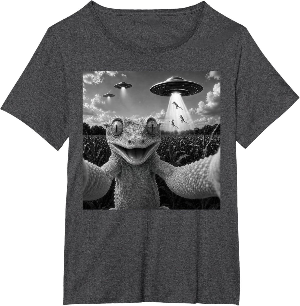 Crested Gecko Selfie with UFO Alien Funny Crestie T-Shirt - Dark Heather Grey