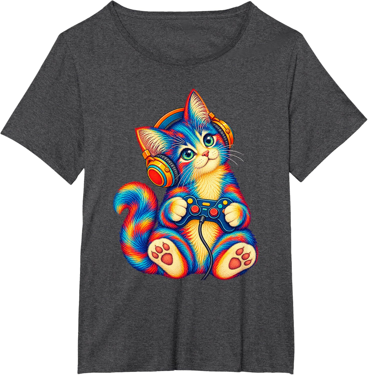 Blue and Yellow Tuxedo Kitten with Headphones and Controller T-Shirt - Dark Heather Grey