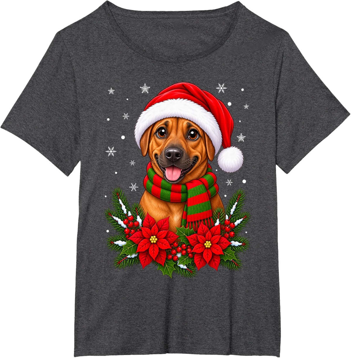 Cute Flowers Santa Hat Rhodesian Ridgeback Dog Christmas T-Shirt - Dark Heather Grey