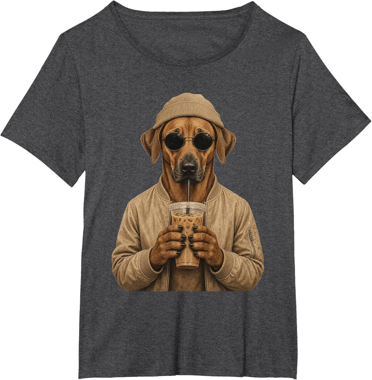 Rhodesian Ridgeback Hipster Dog Drinking Iced Coffee T-Shirt - Dark Heather Grey