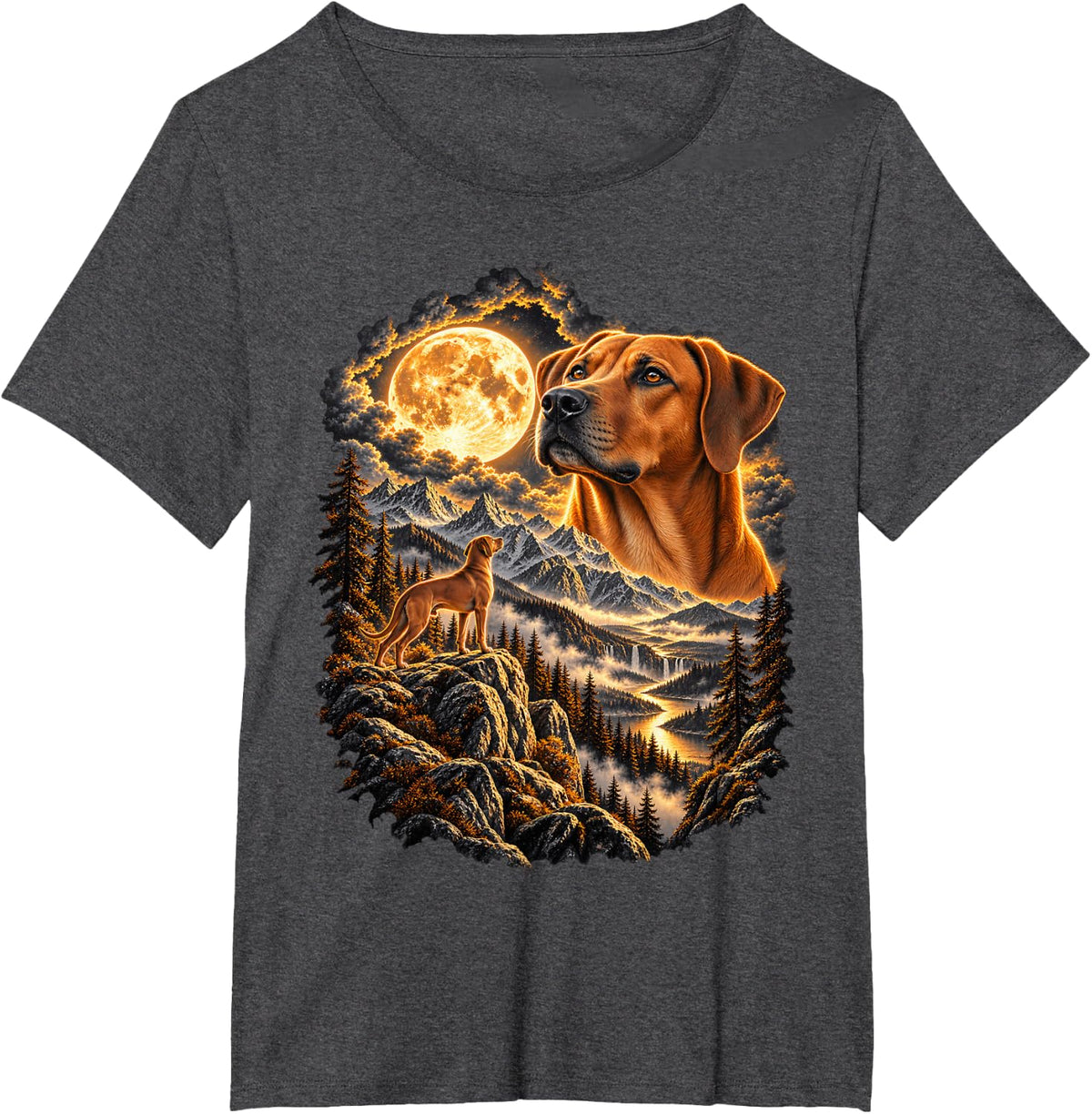 Rhodesian Ridgeback Howling At Moon Mountain Art T-Shirt - Dark Heather Grey