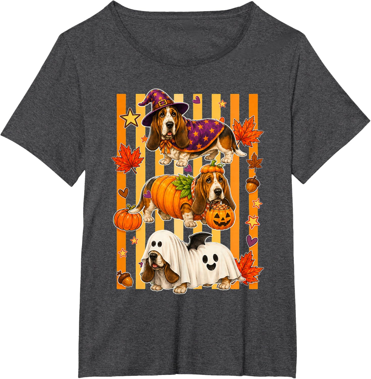 Retro Stripes Basset Hound Halloween Costume Cute Dog T-Shirt - Dark Heather Grey