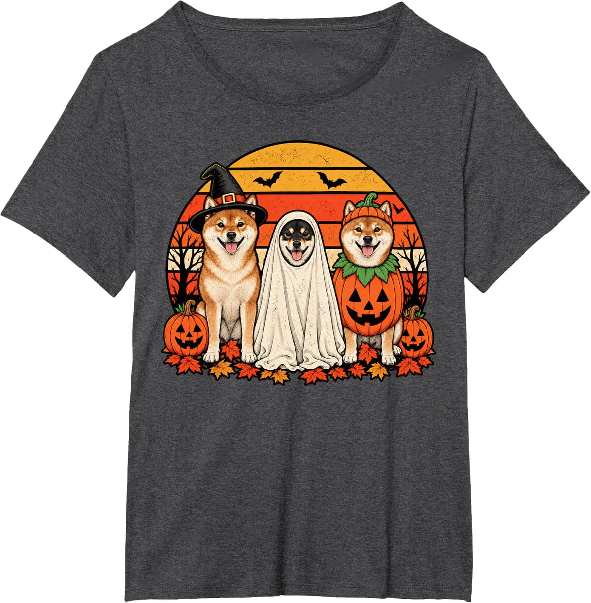Spooky Shiba Inu Pumpkin Ghost Halloween Dog Lover T-Shirt - Dark Heather Grey