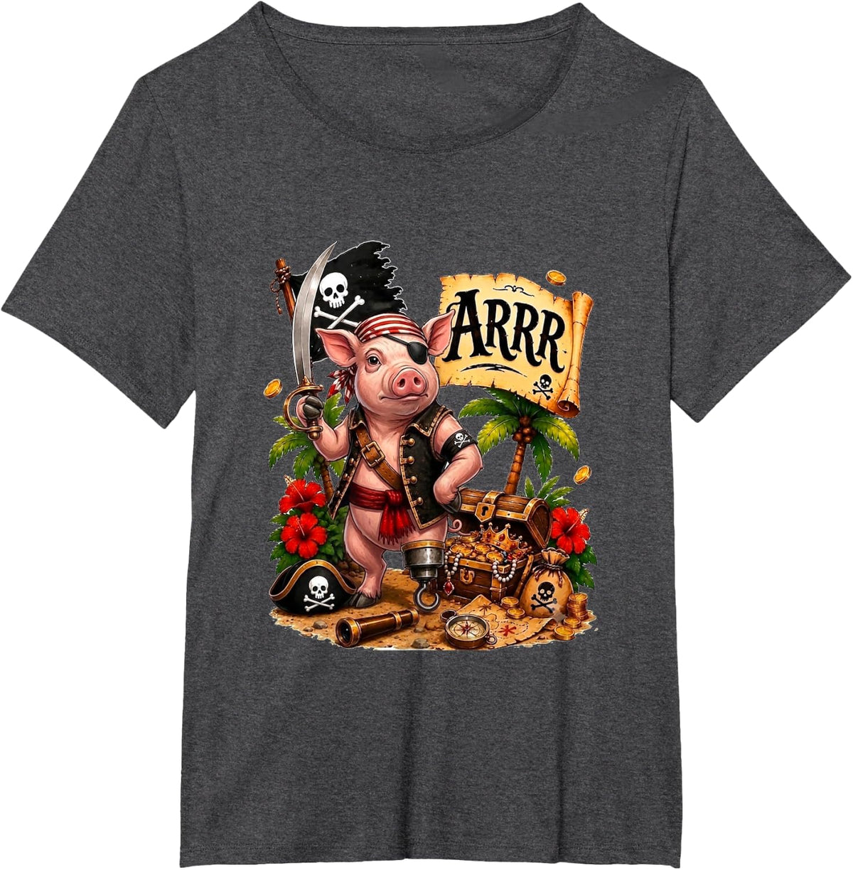 Pig As Pirate Halloween Hawaiian Costume Farmer Lover T-Shirt - Dark Heather Grey