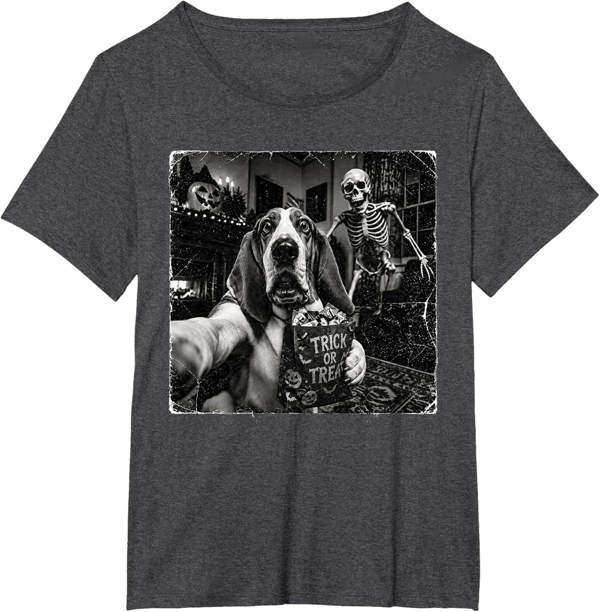 Funny Halloween Skeleton and Basset Hound Dog Selfie Spooky T-Shirt - Dark Heather Grey