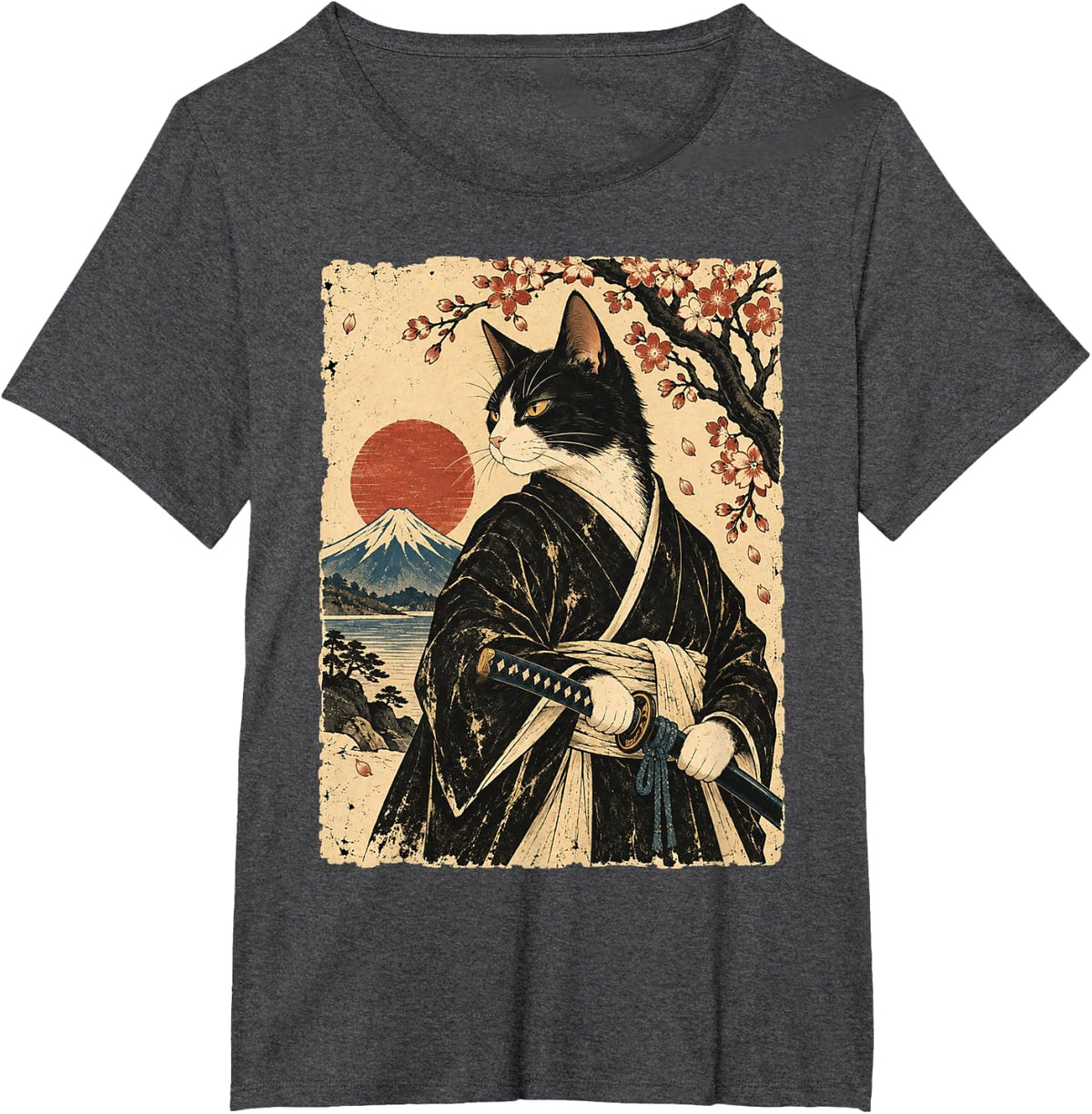 Tuxedo Ronin Cat Kimono Japanese Warrior Portrait T-Shirt - Dark Heather Grey