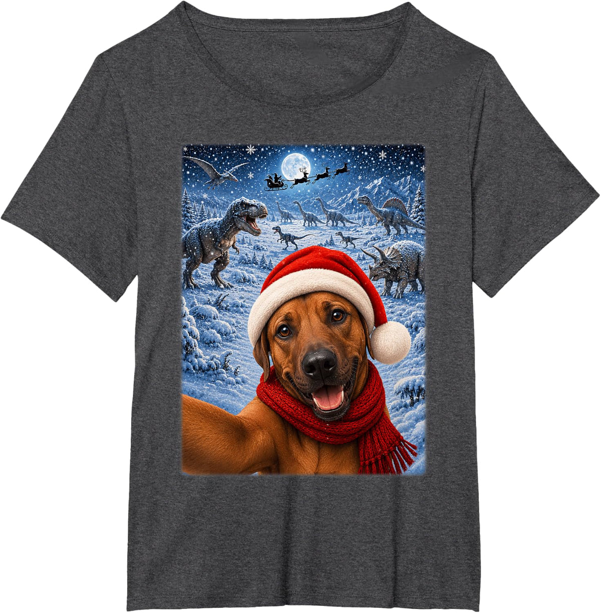 Rhodesian Ridgeback Dog Christmas Moon Night Dinosaurs Xmas T-Shirt - Dark Heather Grey