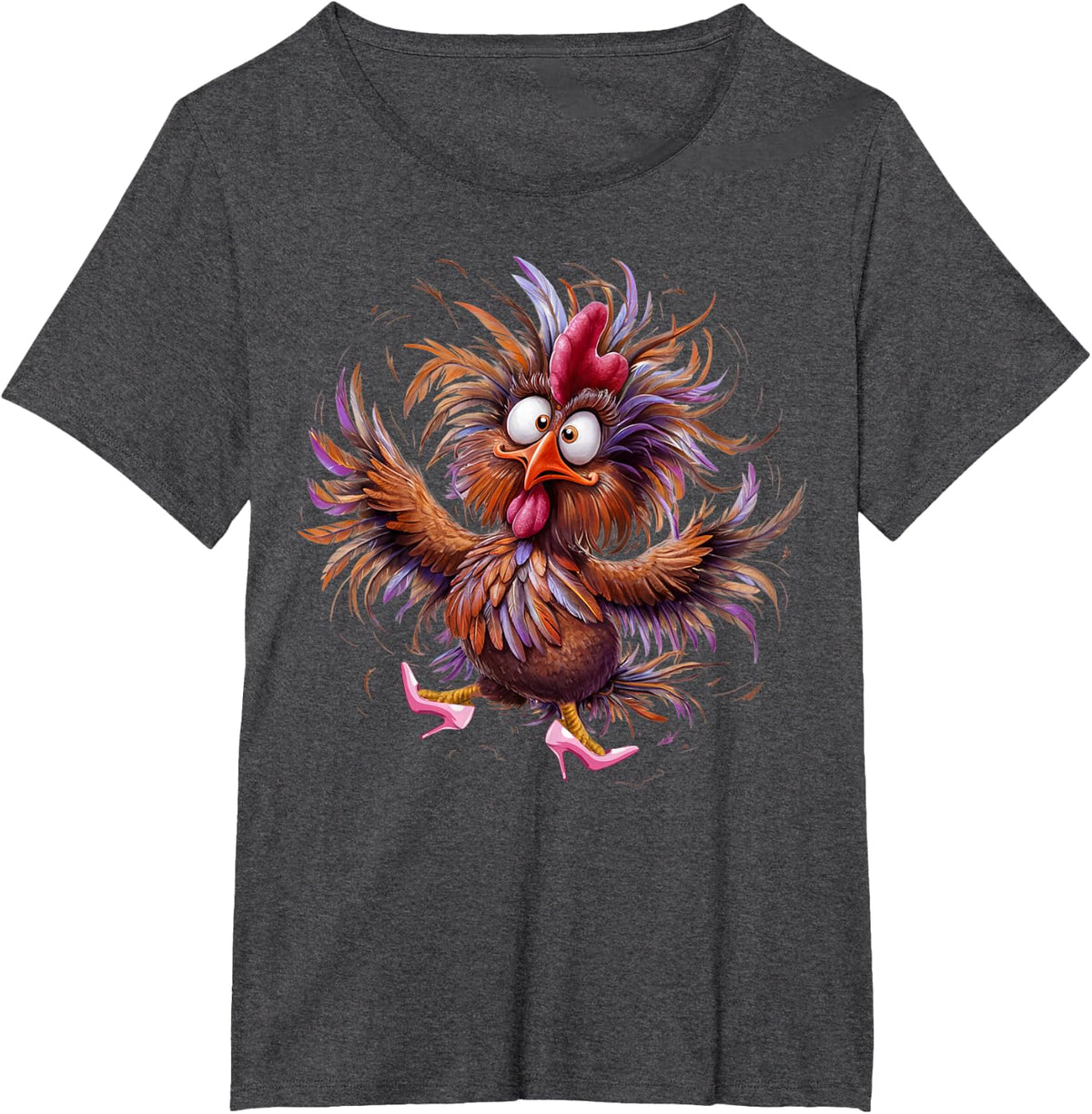 Crazy Chicken in Pink Heels Color T-Shirt - Dark Heather Grey