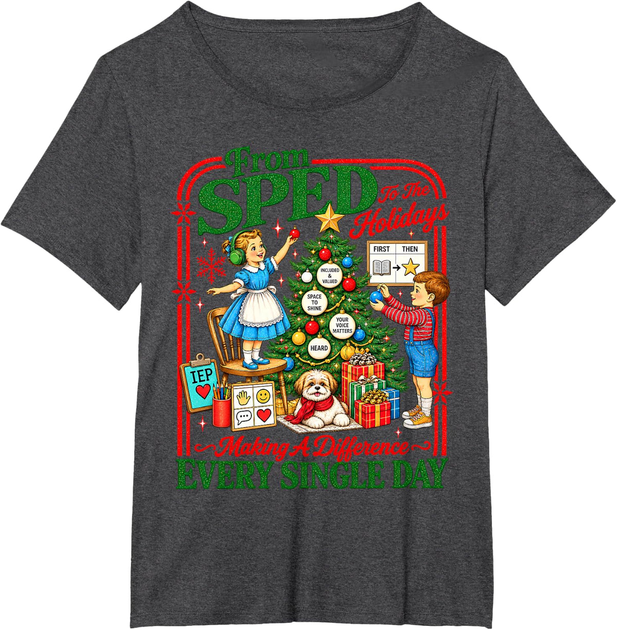 SPED Teacher Christmas Vintage Holiday SPED Merry Xmas T-Shirt - Dark Heather Grey