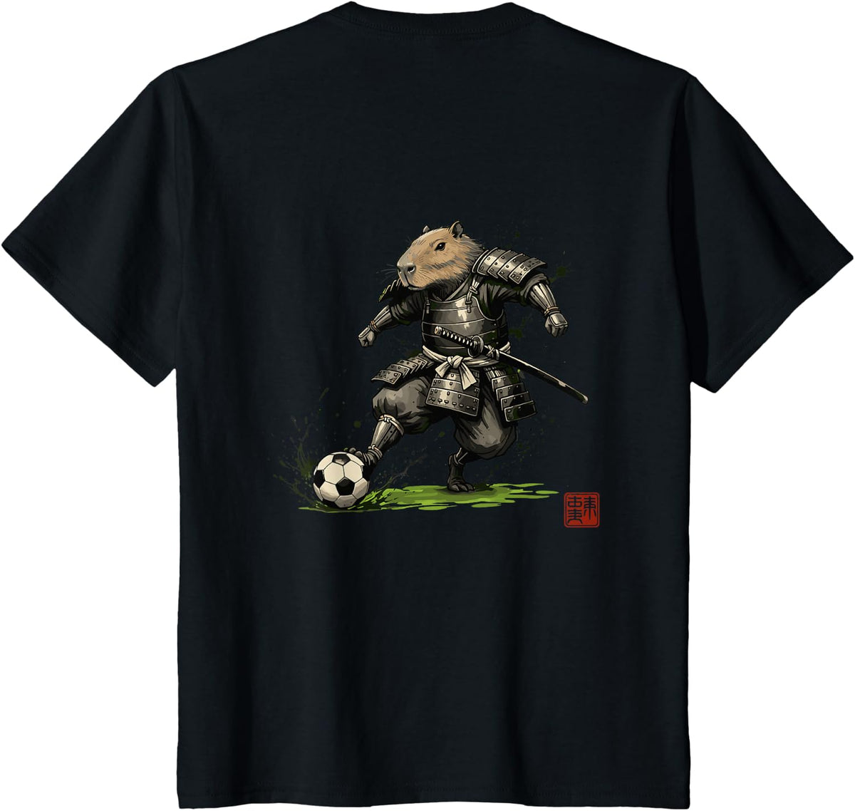 Samurai Capybara Soccer Japanese Warrior Graphic T-Shirt - Black