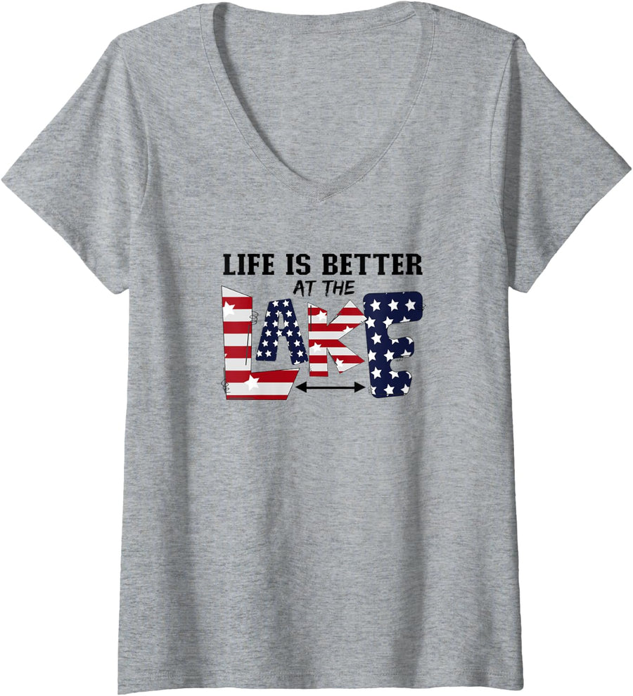 Womens Lake House Decor Patriotic Summer Boating Fishing Clothes V-Neck T-Shirt - Heather Grey
