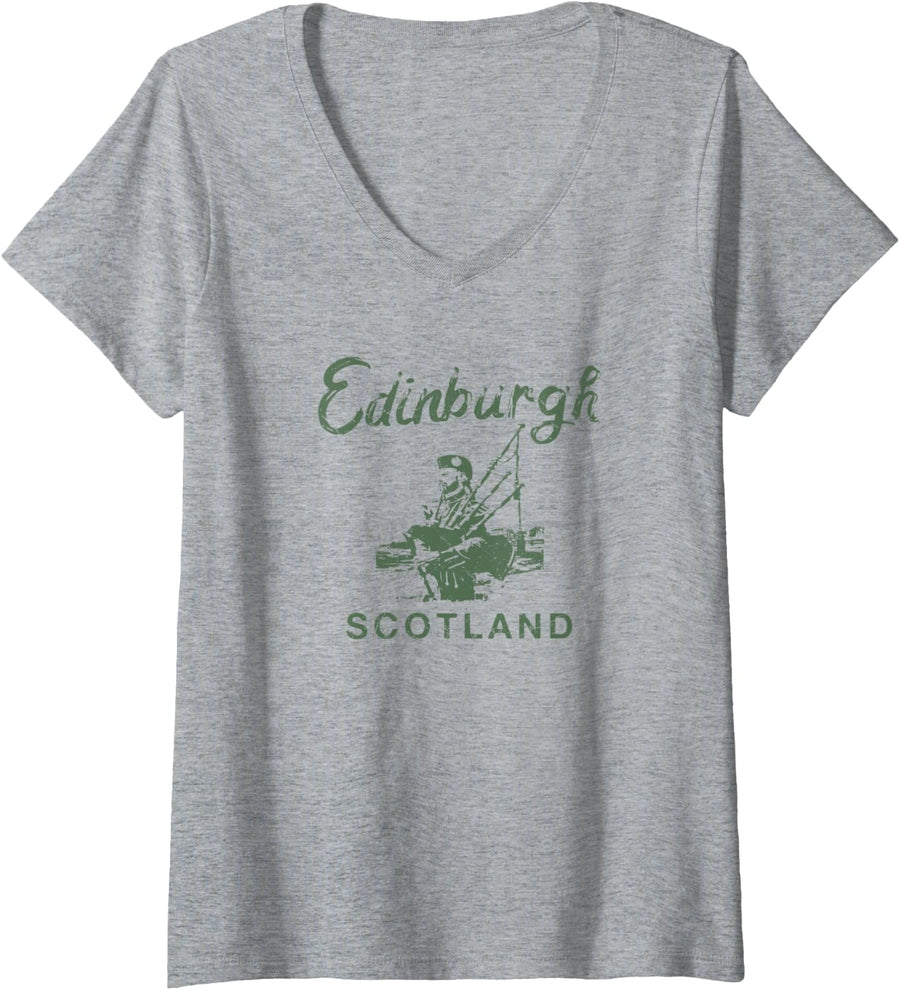 Womens Scottish Bagpipes Edinburgh SCOTLAND Vintage Graphic V-Neck T-Shirt - Heather Grey