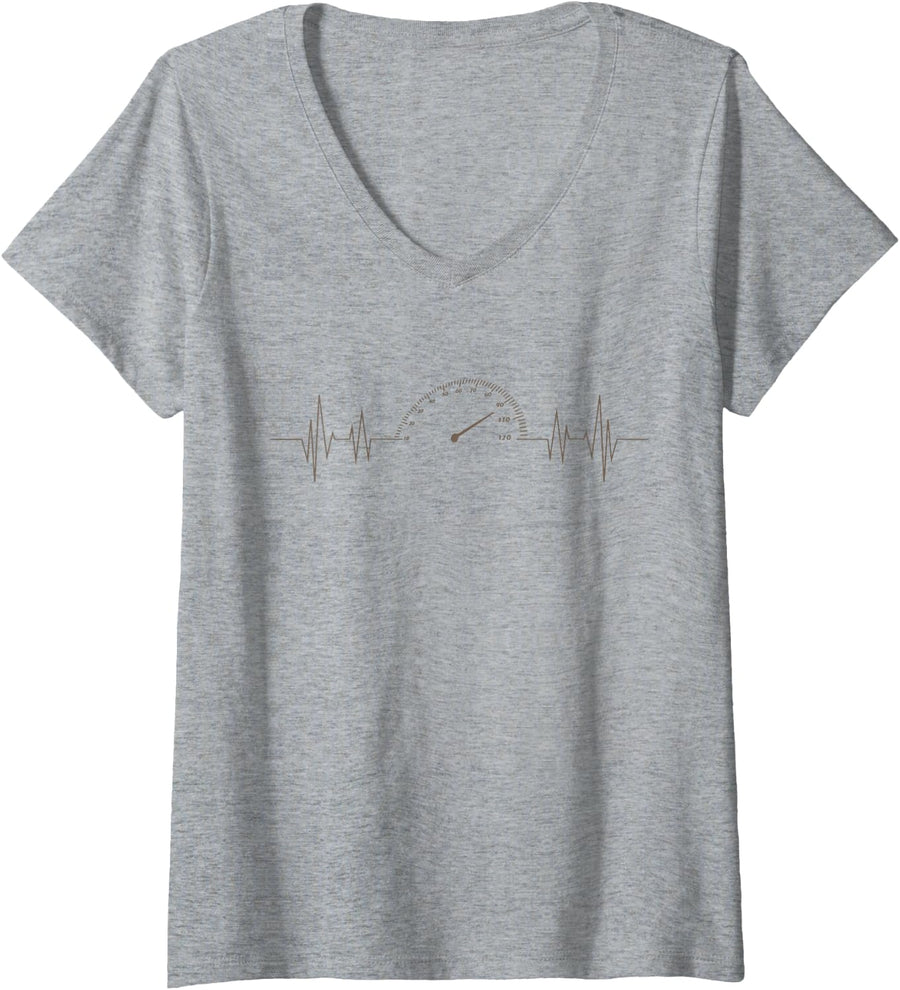 Women's Car Speedometer Heartbeat Car Guy Auto Mechanic Automotive V-Neck T-Shirt - Heather Grey
