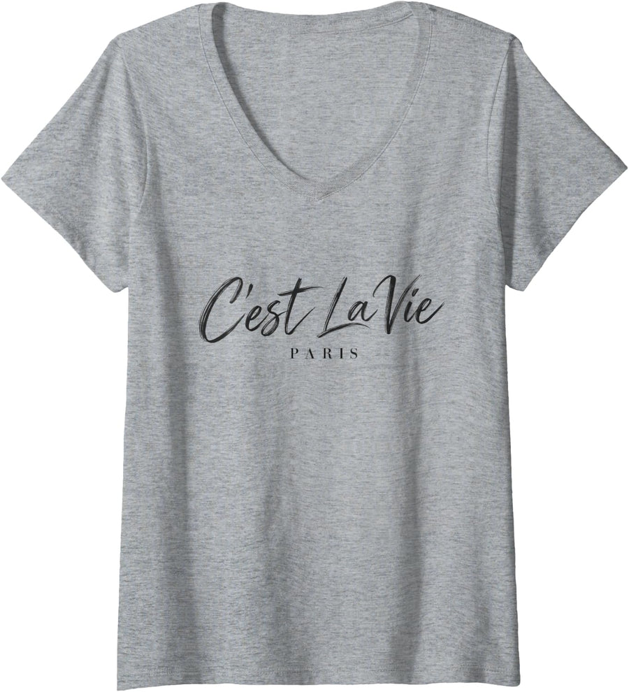 Women's C'est La Vie Paris France French Quote Elegant Script V-Neck T-Shirt - Heather Grey