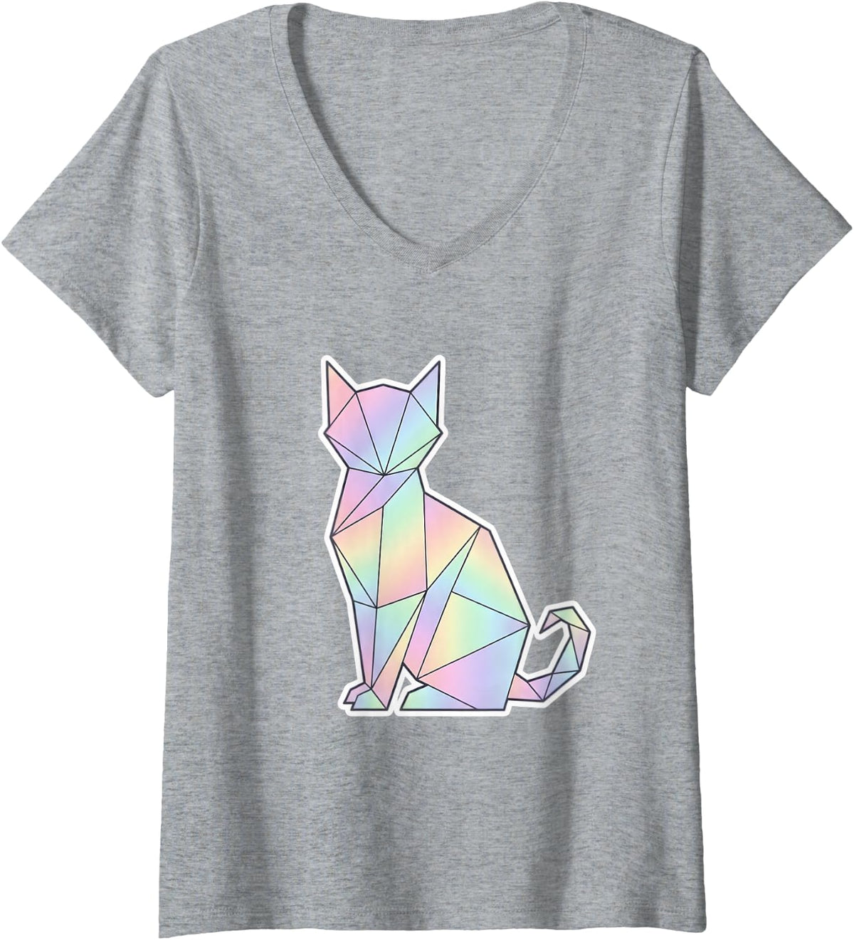 Women's Geometric Low Poly Cat Pastel Rainbow Origami Kitty V-Neck T-Shirt - Heather Grey
