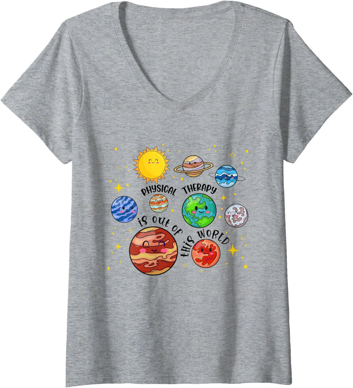 Women's PT Physical Therapy is Out of This World Space Planets V-Neck T-Shirt - Heather Grey