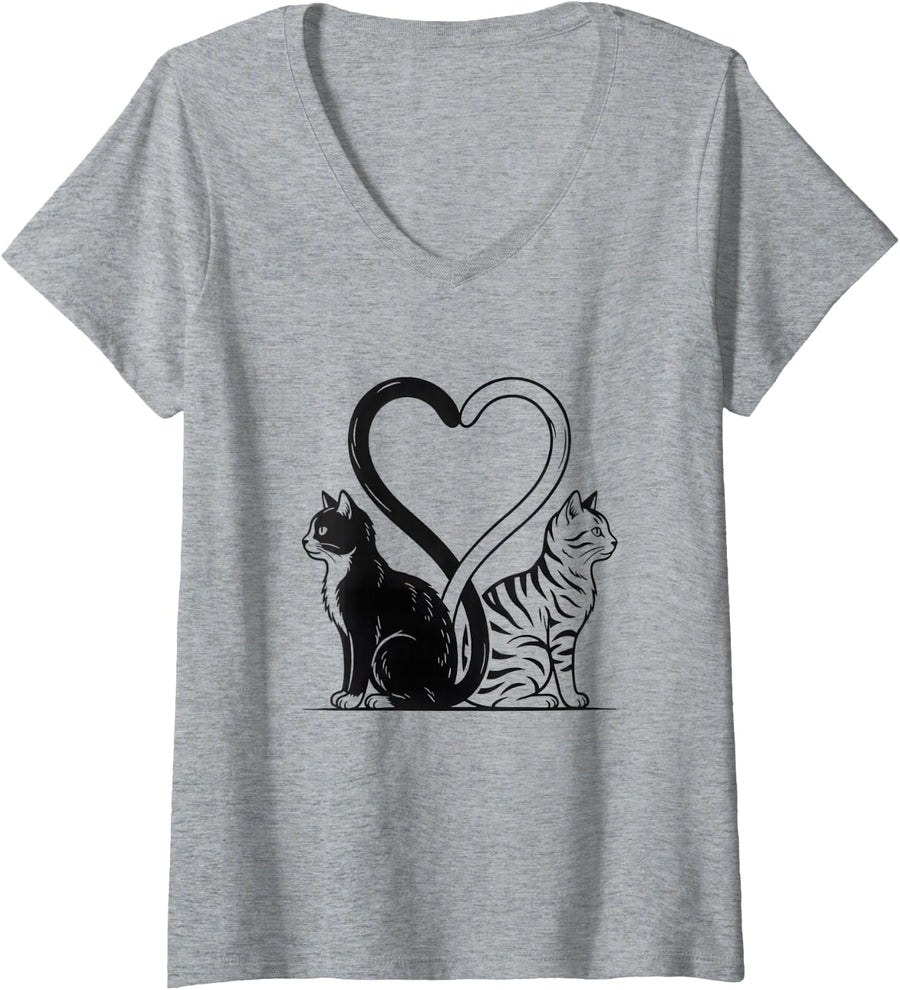 Women's Two Cats Tails Forming a Heart Black Cat and Tabby Kitty V-Neck T-Shirt - Heather Grey